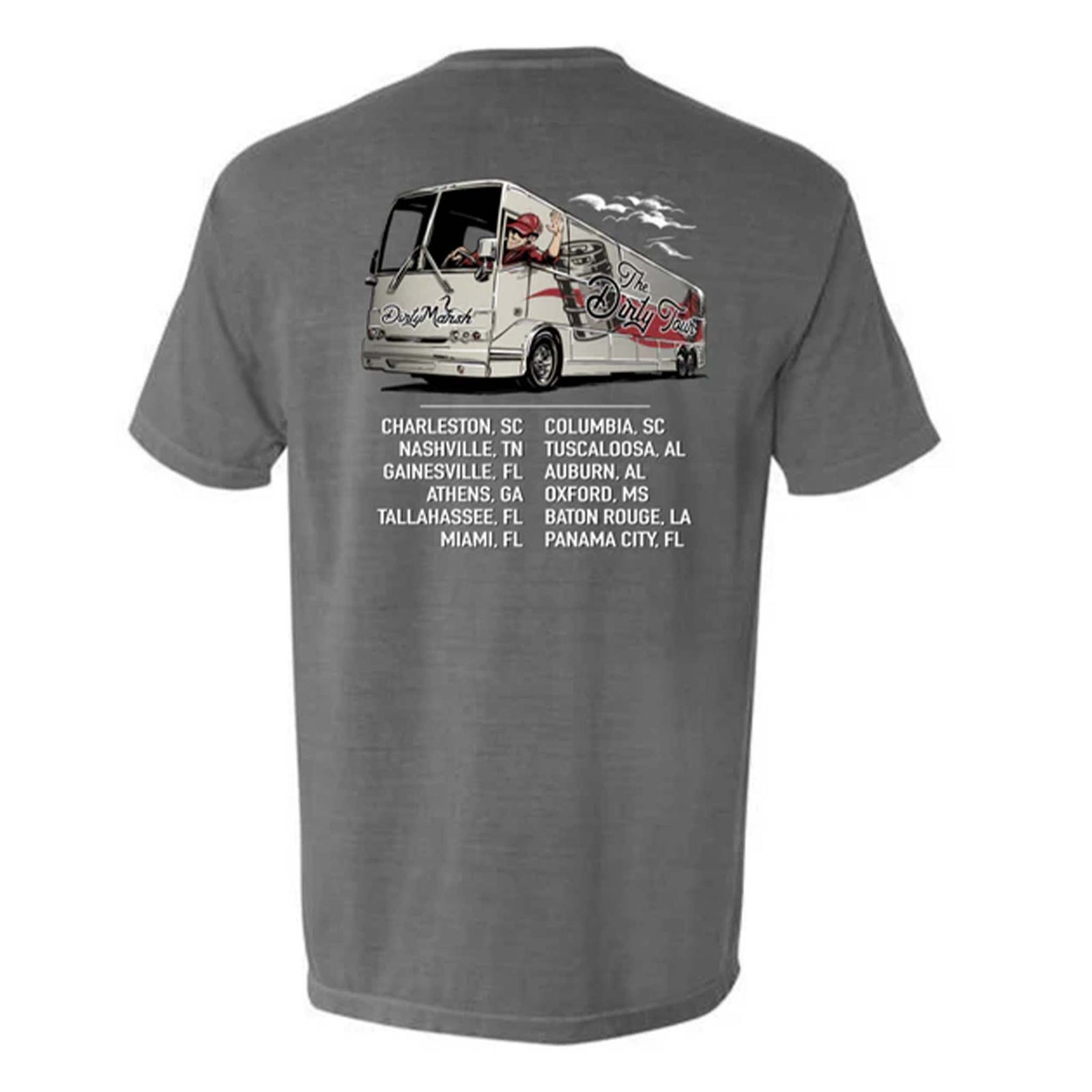 Dirty Marsh Outfitters Tour Tee Short Sleeve T-Shirt, sizes S-XXL, 100% cotton.  Back view of a grey Dirty Marsh tee featuring a tour bus graphic and a list of cities in white text. 