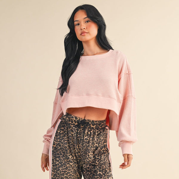 Waffle Knit Long Sleeve Top in Pink