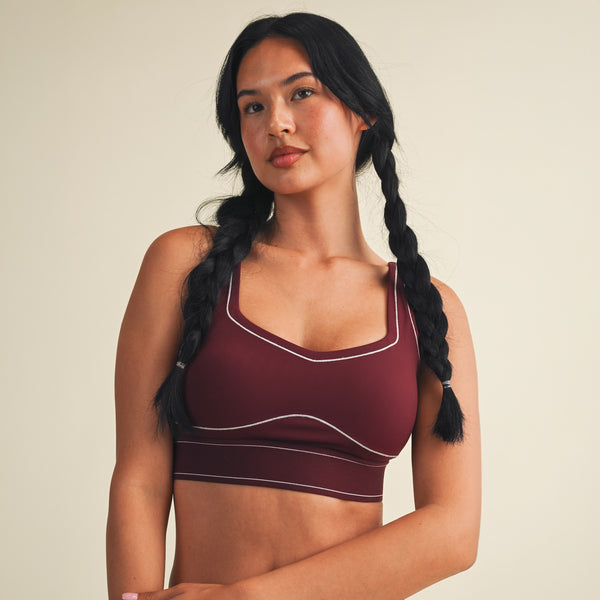 Contrast Trim Sports Bra in Burgundy
