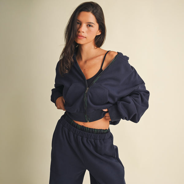 Plaid Lined Crop Full Zip Hoodie in Navy