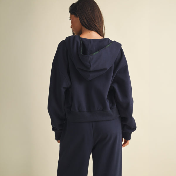 Plaid Lined Crop Full Zip Hoodie in Navy