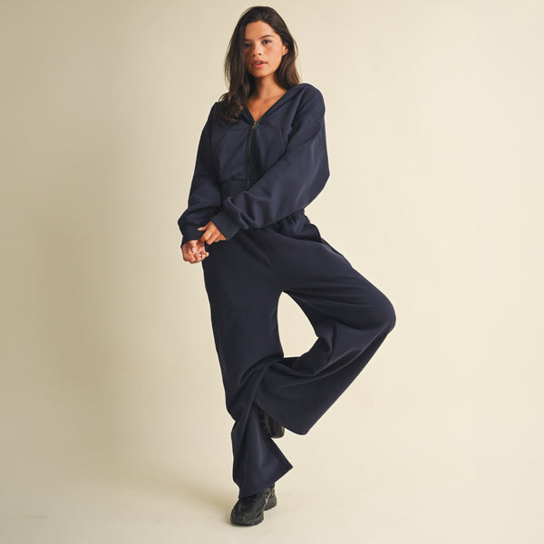 Plaid Lined Crop Full Zip Hoodie in Navy