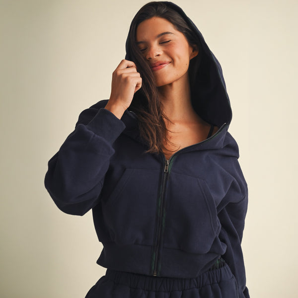 Plaid Lined Crop Full Zip Hoodie in Navy