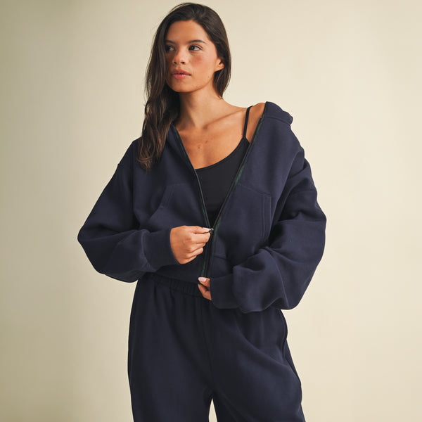Plaid Lined Crop Full Zip Hoodie in Navy