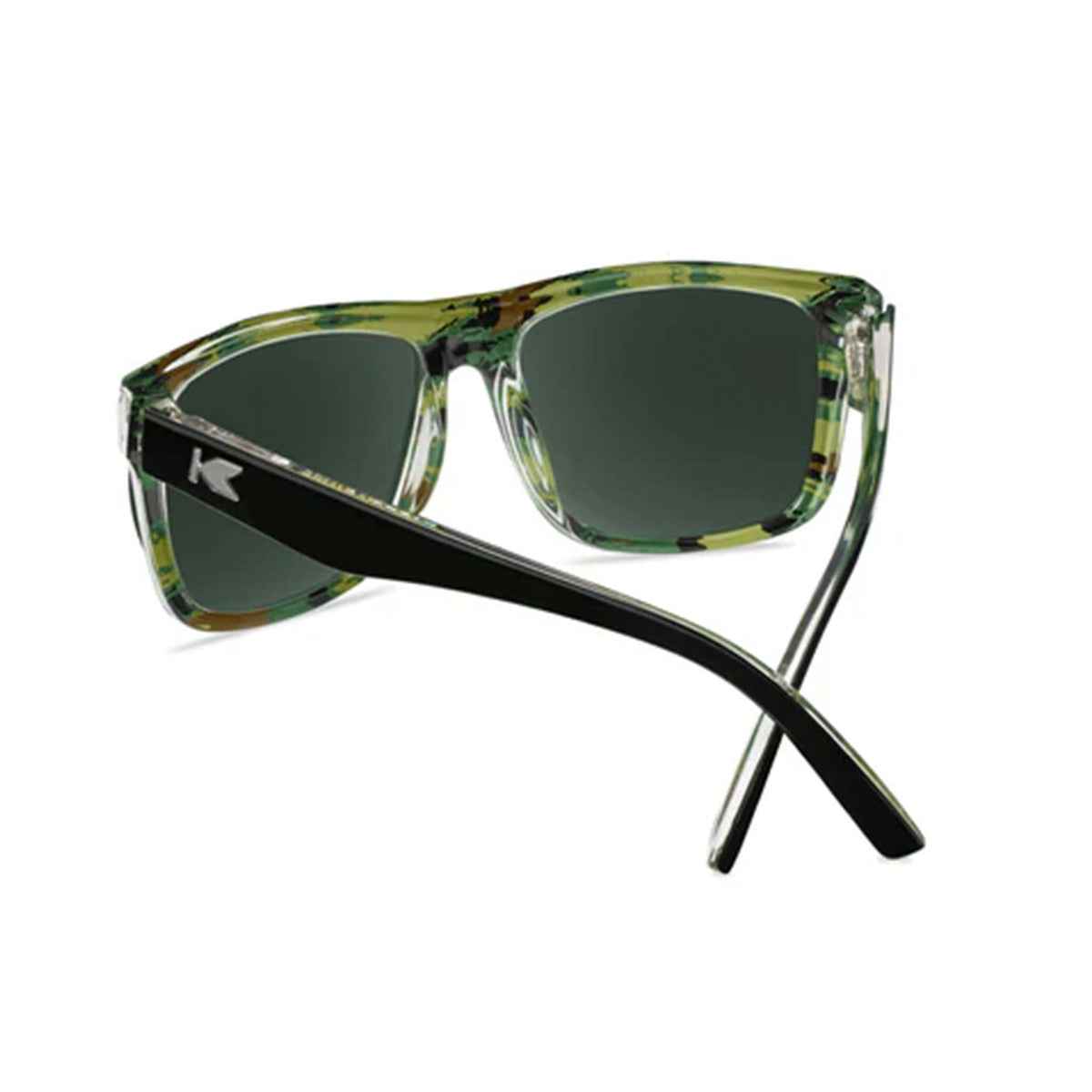Sunglasses with green camouflage frame and black arms on a white background