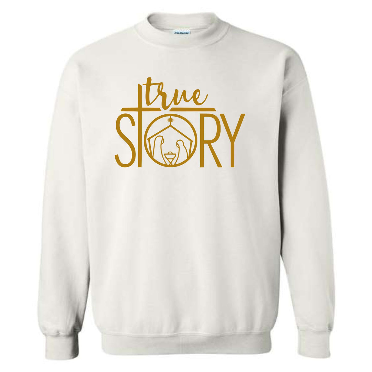 White crewneck sweatshirt with gold “True Story” graphic featuring a nativity scene inside the “O” in STORY.