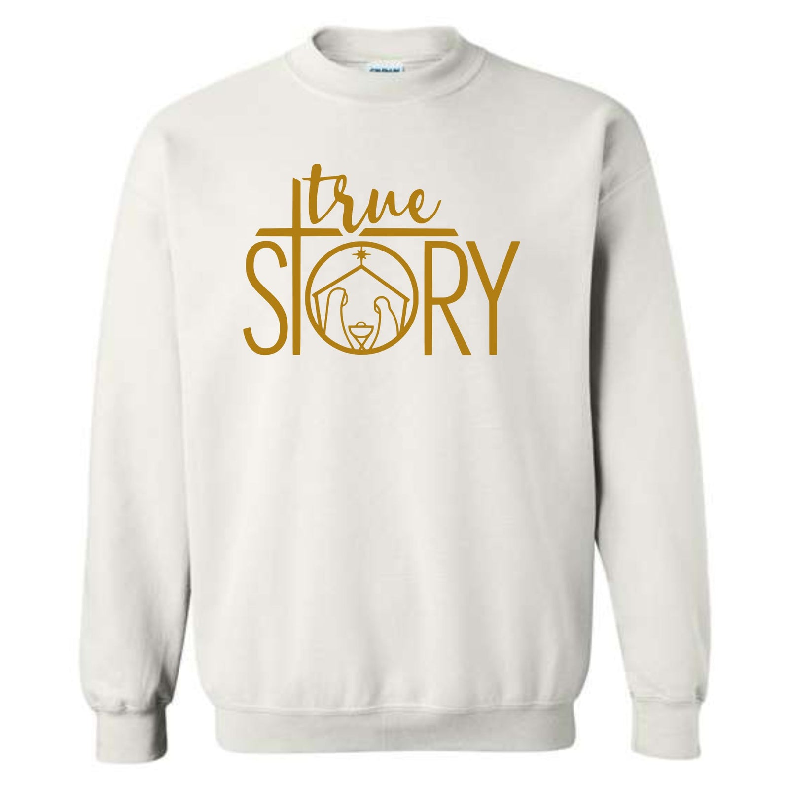 White crewneck sweatshirt with gold “True Story” graphic featuring a nativity scene inside the “O” in STORY.