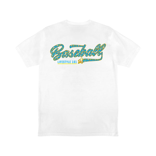 Back of white t-shirt with “Baseball” in banana-patterned script and "Lifestyle 101" text beneath, accented by a small yellow banana.