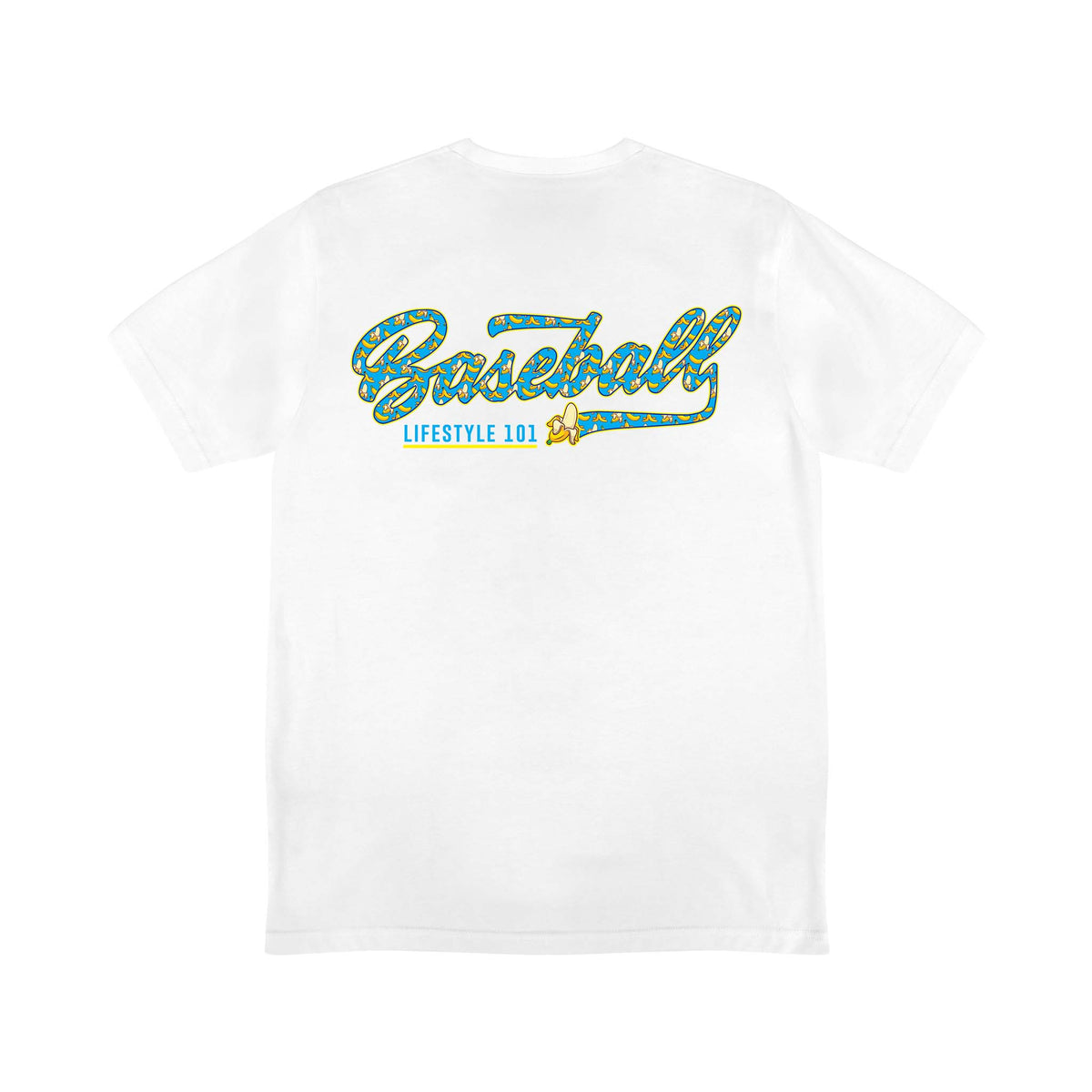 Back of white t-shirt with “Baseball” in banana-patterned script and "Lifestyle 101" text beneath, accented by a small yellow banana.