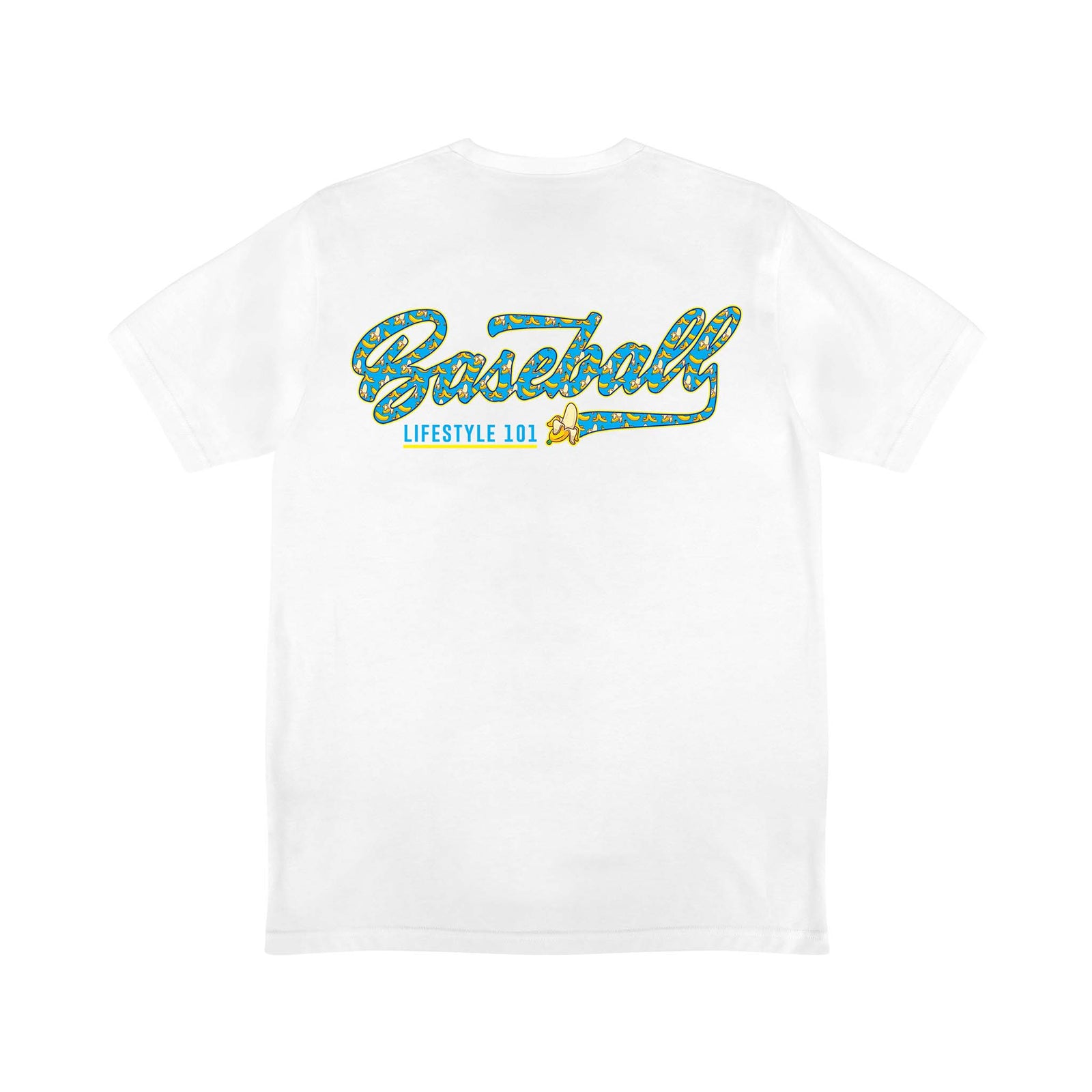 Back of white t-shirt with “Baseball” in banana-patterned script and "Lifestyle 101" text beneath, accented by a small yellow banana.