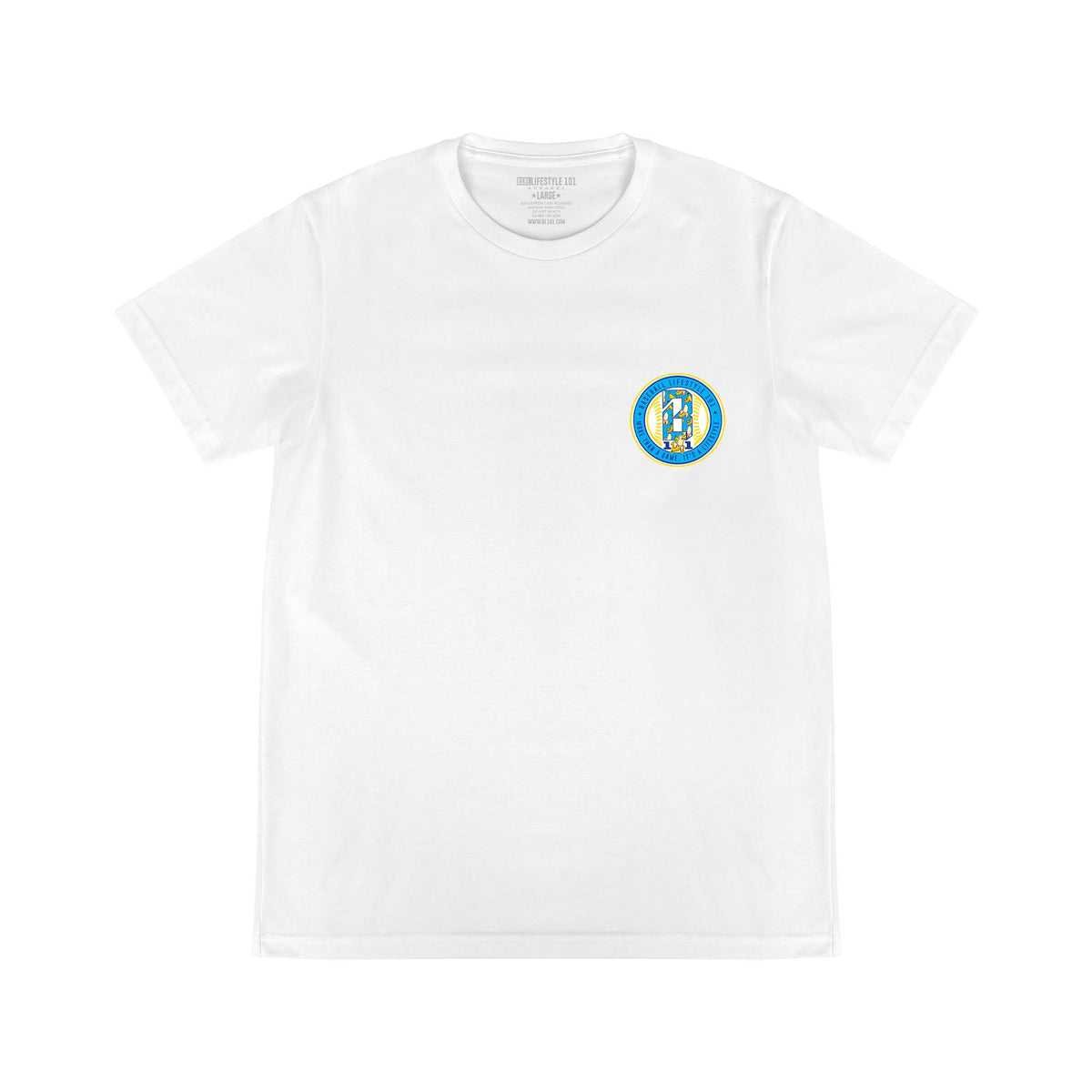 Front of white t-shirt with a small circular "Lifestyle 101" logo on the left chest in blue and yellow.
