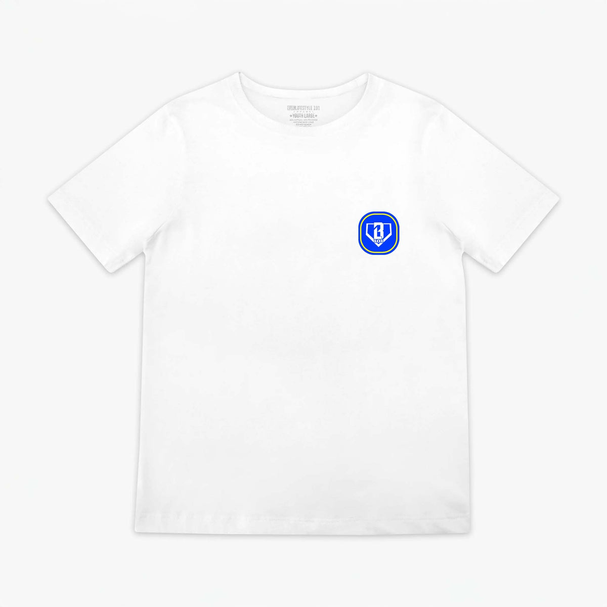 front of baseball lifestyle 101 Youth Tropical Banana Short Sleeve T-Shirt with BL101 logo on left chest