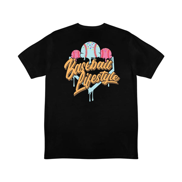 Back of black t-shirt with “Baseball Lifestyle” text in orange and tan below three ice cream baseballs and a drippy teal home plate graphic.