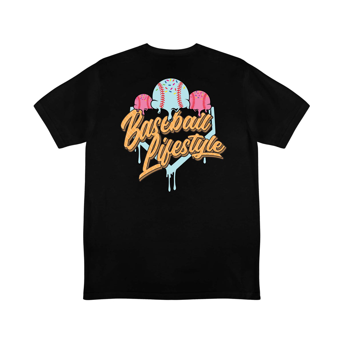 Back of black t-shirt with “Baseball Lifestyle” text in orange and tan below three ice cream baseballs and a drippy teal home plate graphic.