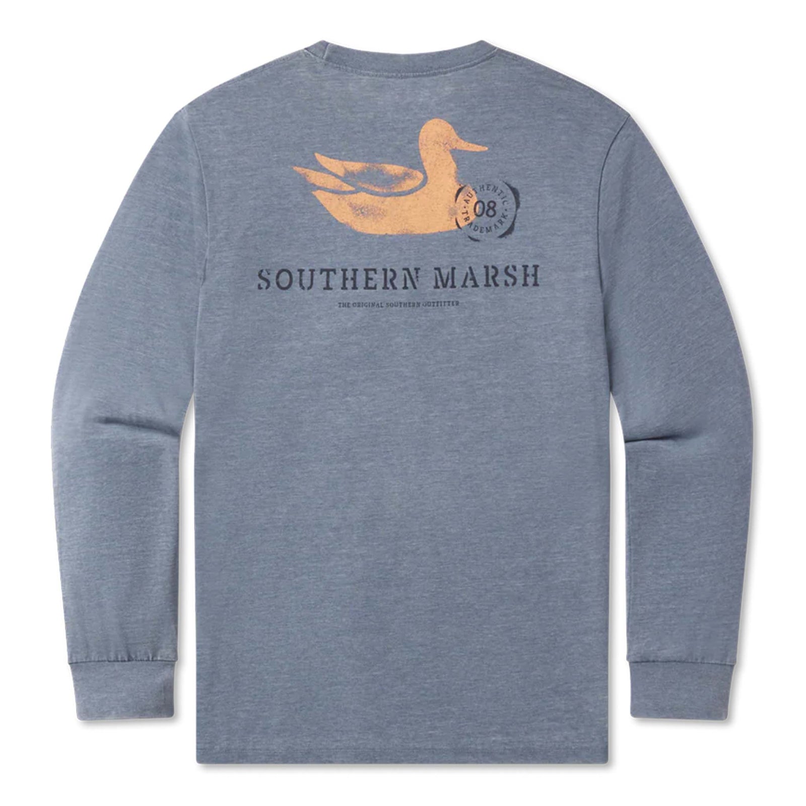 Long sleeve Southern marsh t-shirt with orange duck and blue logo on a white background.