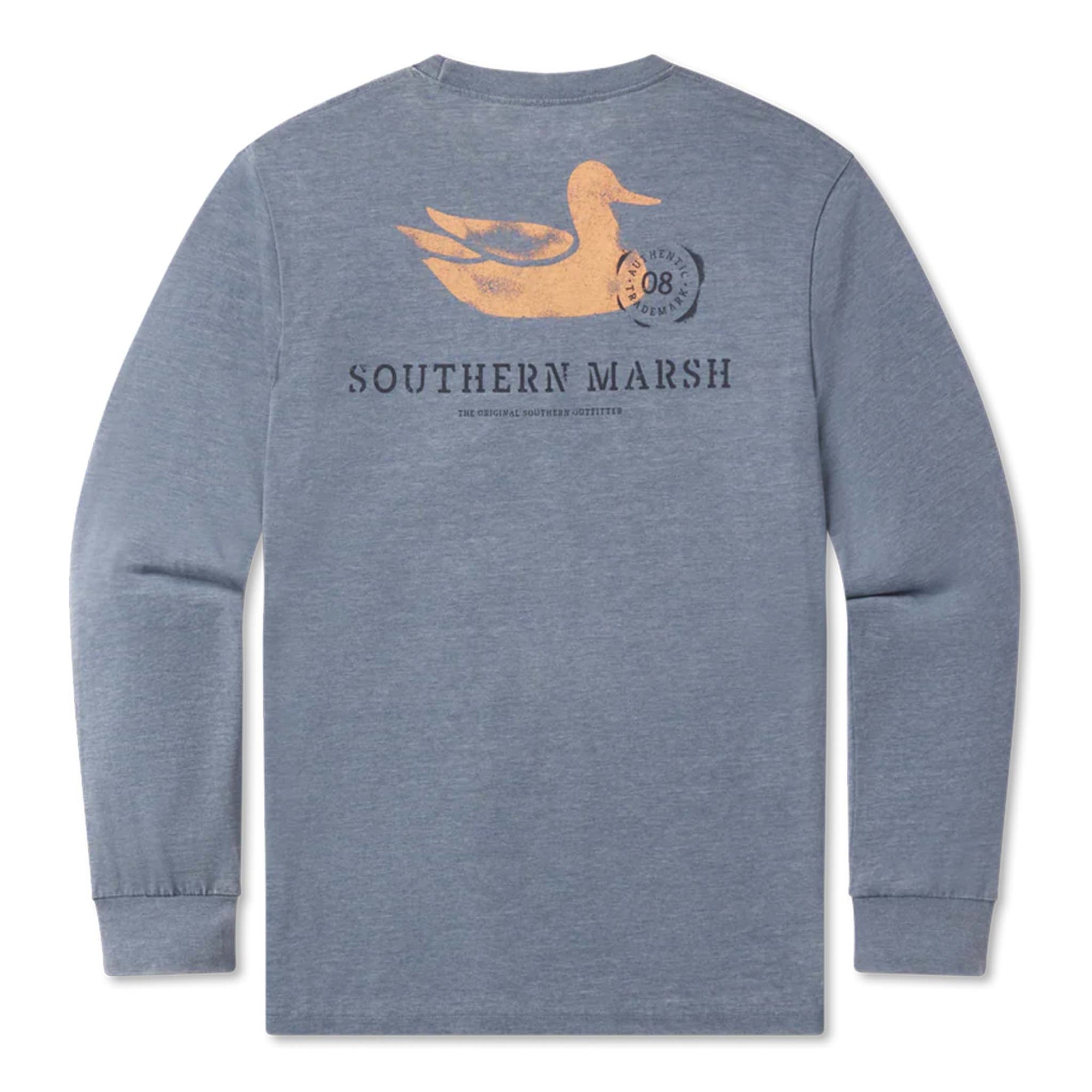 Long sleeve Southern marsh t-shirt with orange duck and blue logo on a white background.