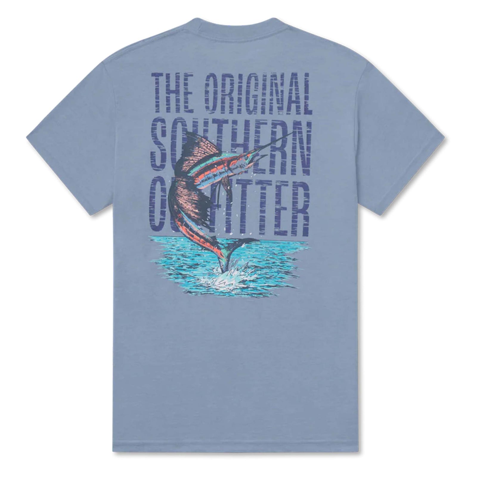Blue t-shirt with a marlin graphic and text on the back against a white background