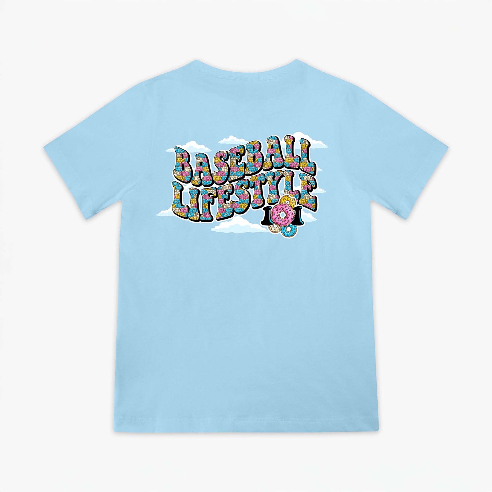 Baseball Lifestyle 101 Youth Sugar Rush Donuts T-Shirt in light blue with large colorful donut “Baseball Lifestyle 101” graphic on back.