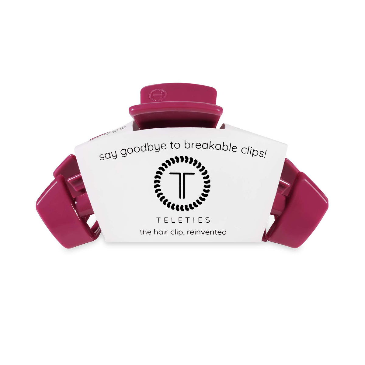 Teleties Flat Oval Hair Clip in Wildside, size large, shown in packaging with logo and tagline “say goodbye to breakable clips.