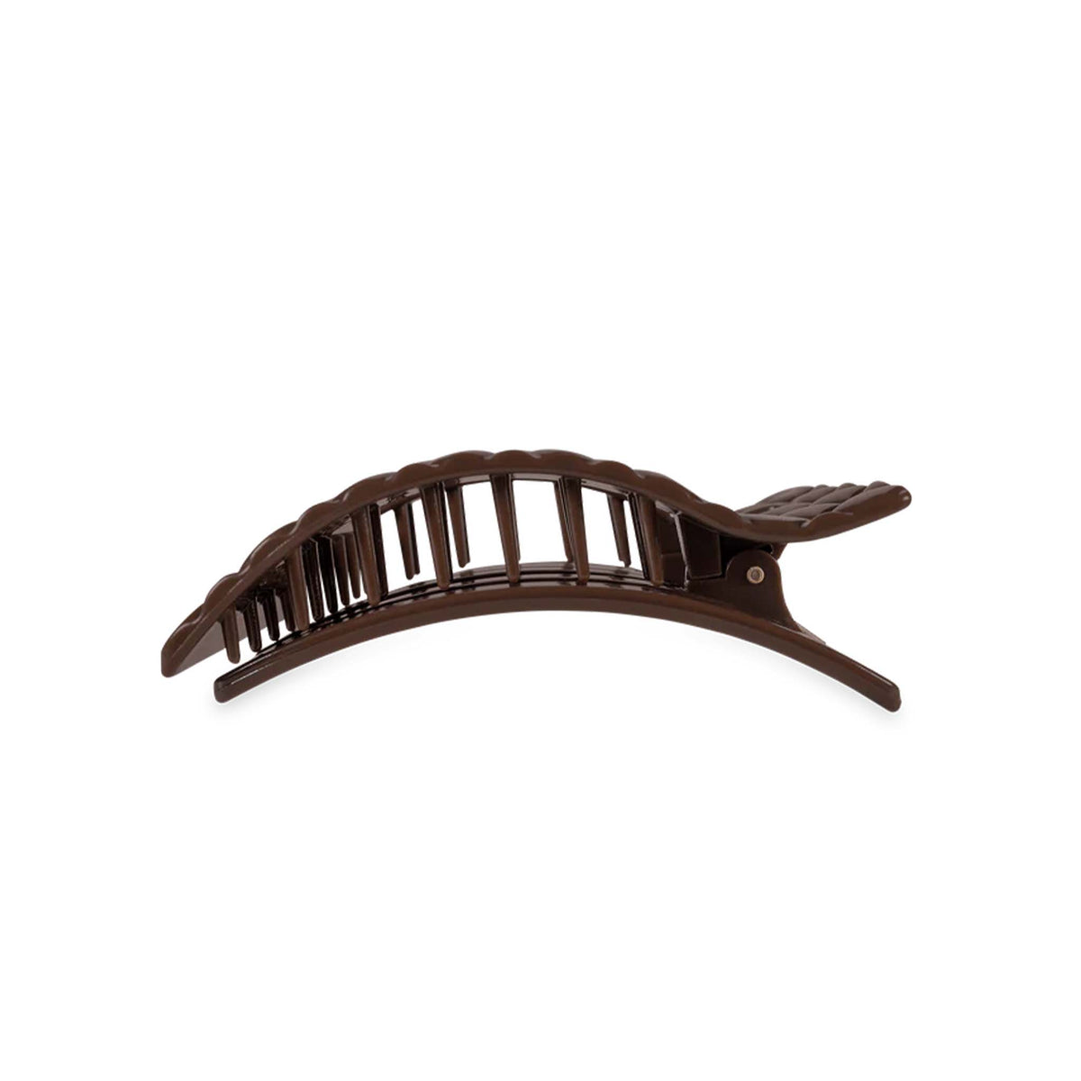 Teleties Large Flat Oval Hair Clip in Truly Taupe, side view with curved teeth and clasp.