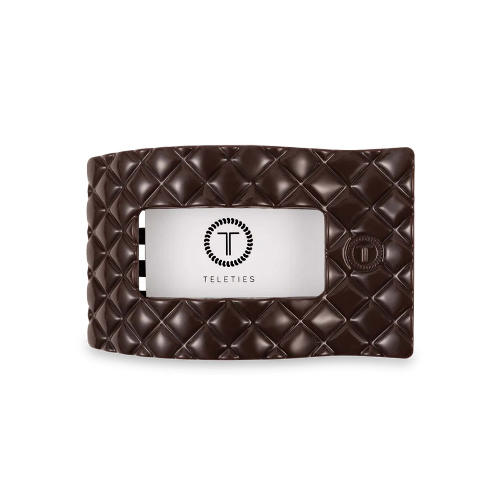 Teleties Large Flat Oval Hair Clip in Truly Taupe, top view with logo card insert.