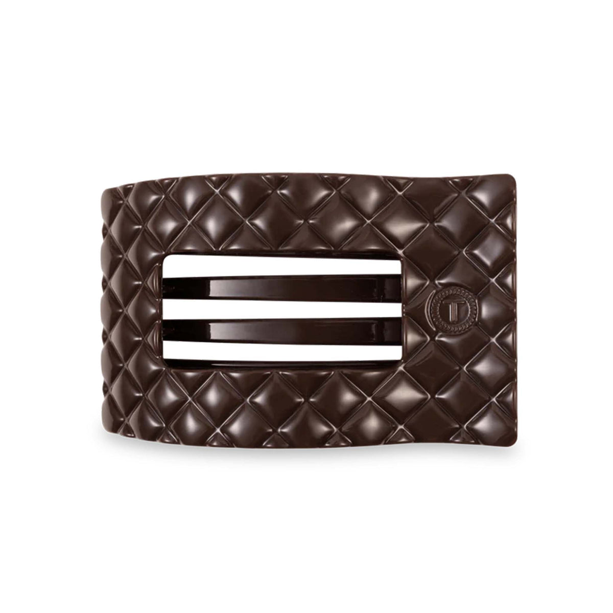 Teleties Large Flat Oval Hair Clip in Truly Taupe, top view showing quilted textured design and wide oval opening.