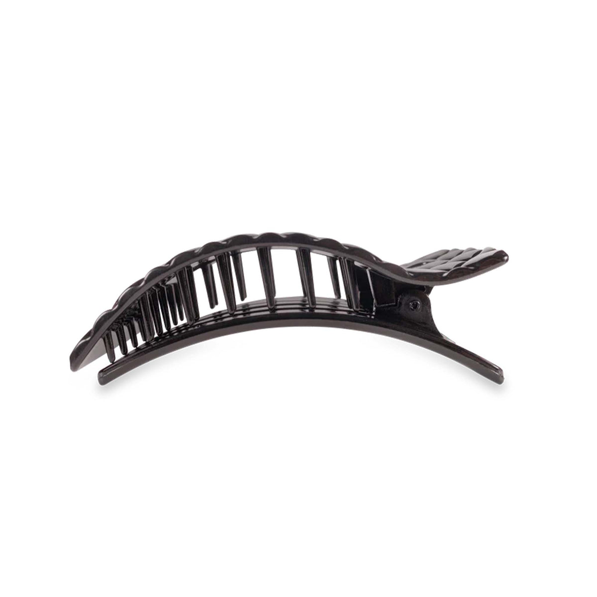 Teleties Quilted Large Flat Rectangle Hair Clip in Jet Black, side profile showing curved claw design.