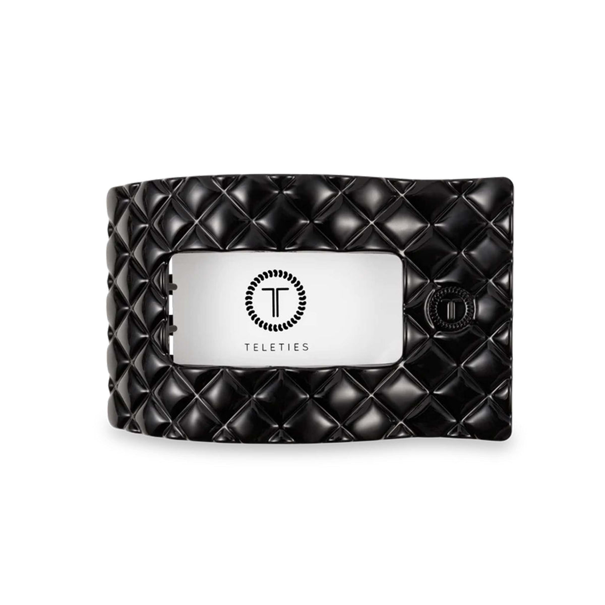 Teleties Quilted Large Flat Rectangle Hair Clip in Jet Black, front view with quilted texture and rectangular cutout.