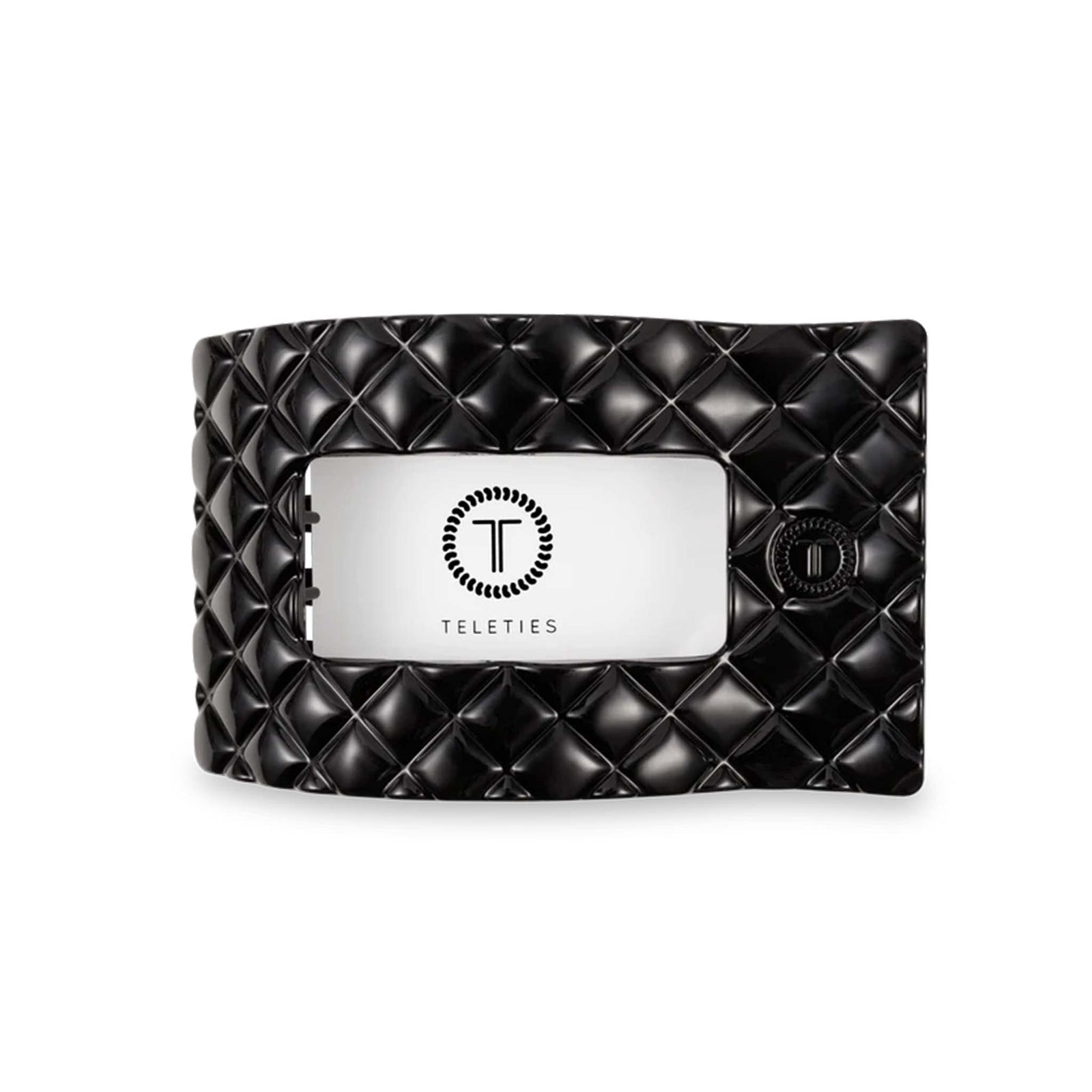 Teleties Quilted Large Flat Rectangle Hair Clip in Jet Black, front view with quilted texture and rectangular cutout.