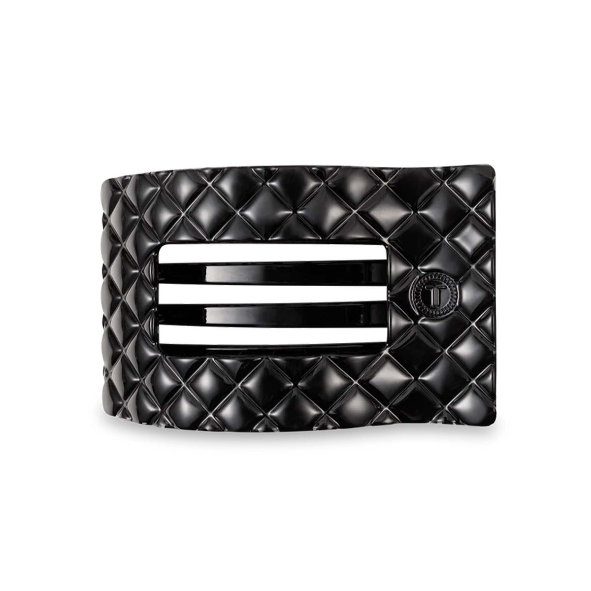 Teleties Quilted Large Flat Rectangle Hair Clip in Jet Black, front view with quilted texture and rectangular cutout.