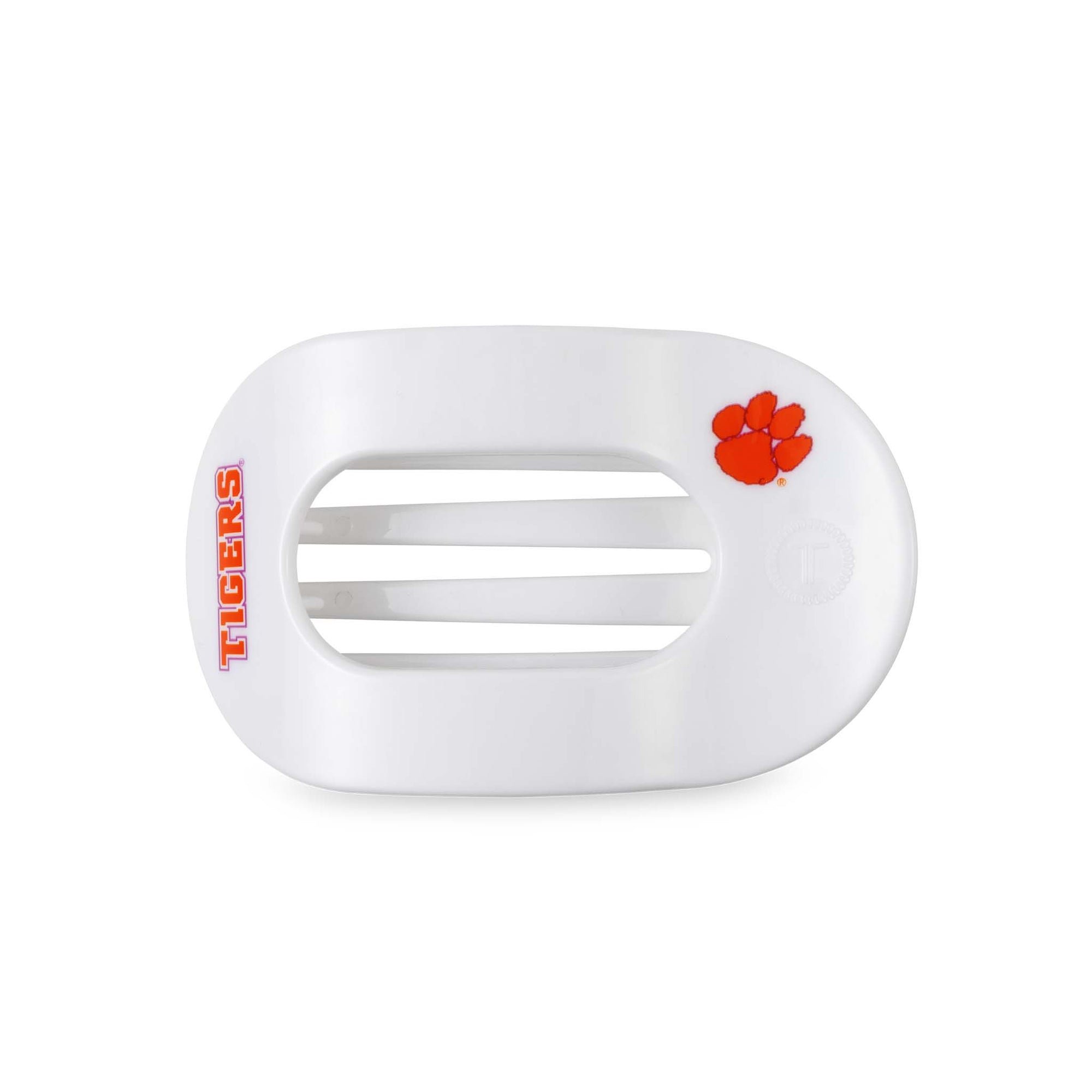 TELETIES Clemson Medium Flat Oval Hair Clip in white with orange logos.