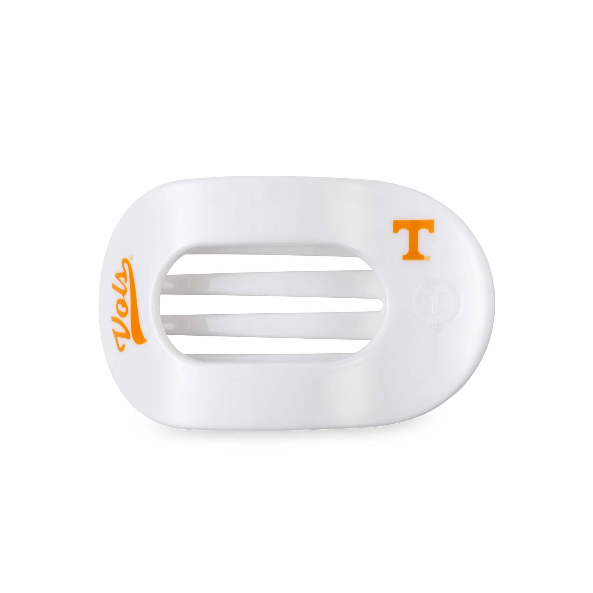 TELETIES University of Tennessee Medium Flat Oval Hair Clip in white with orange logos.