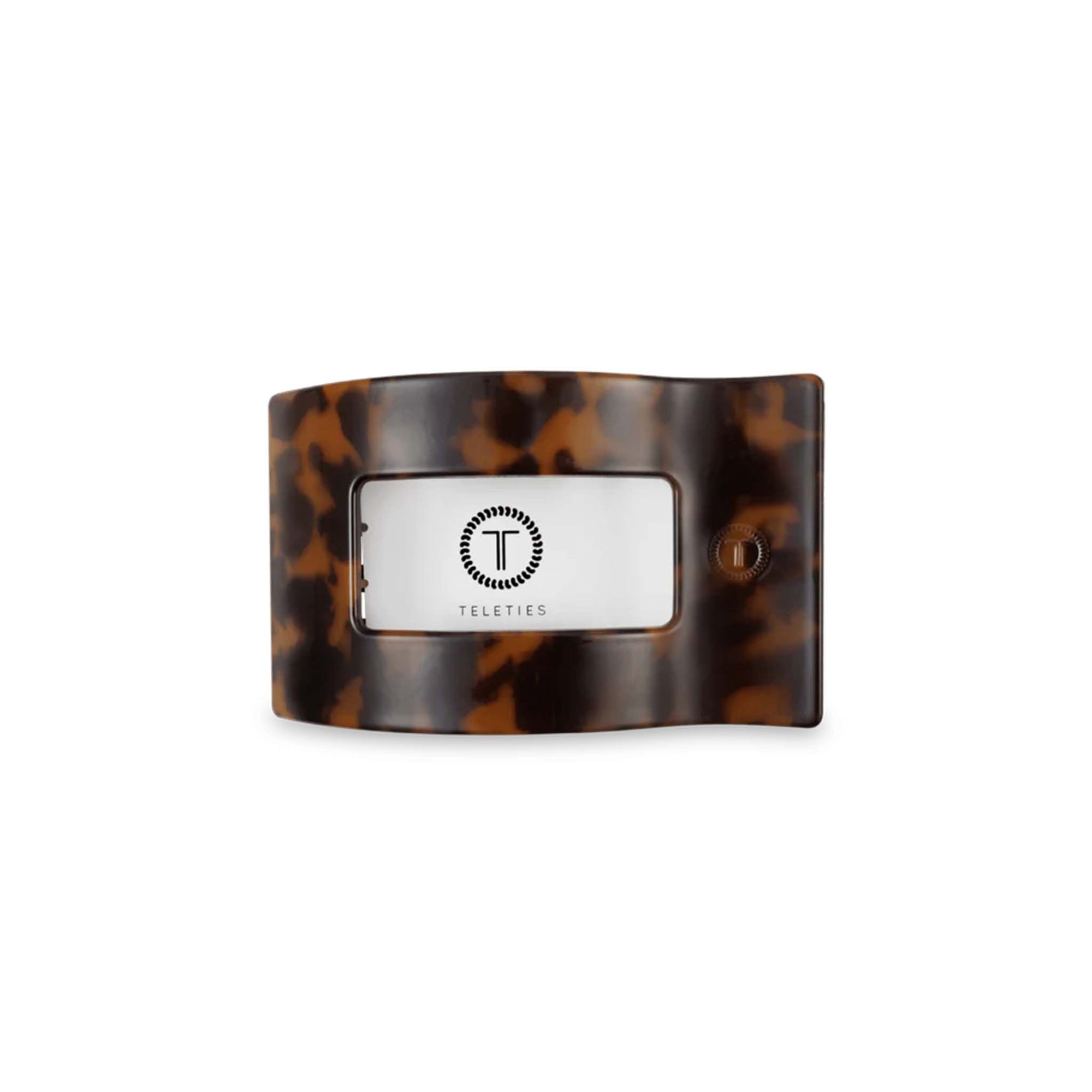 Medium Flat Rectangle Hair Clip in Tortoise with Teleties branding insert.