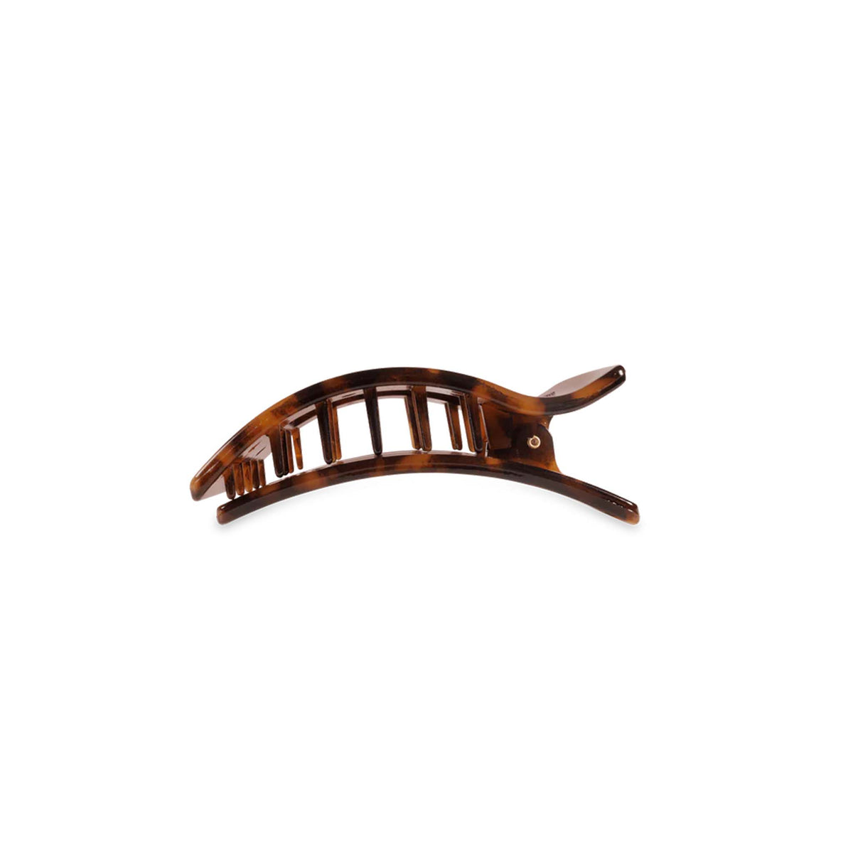 Side view of Medium Flat Rectangle Hair Clip in Tortoise showing curved grip.