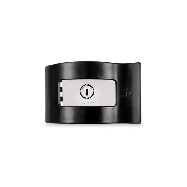Medium Flat Rectangle Hair Clip in Jet Black with Teleties branding insert.