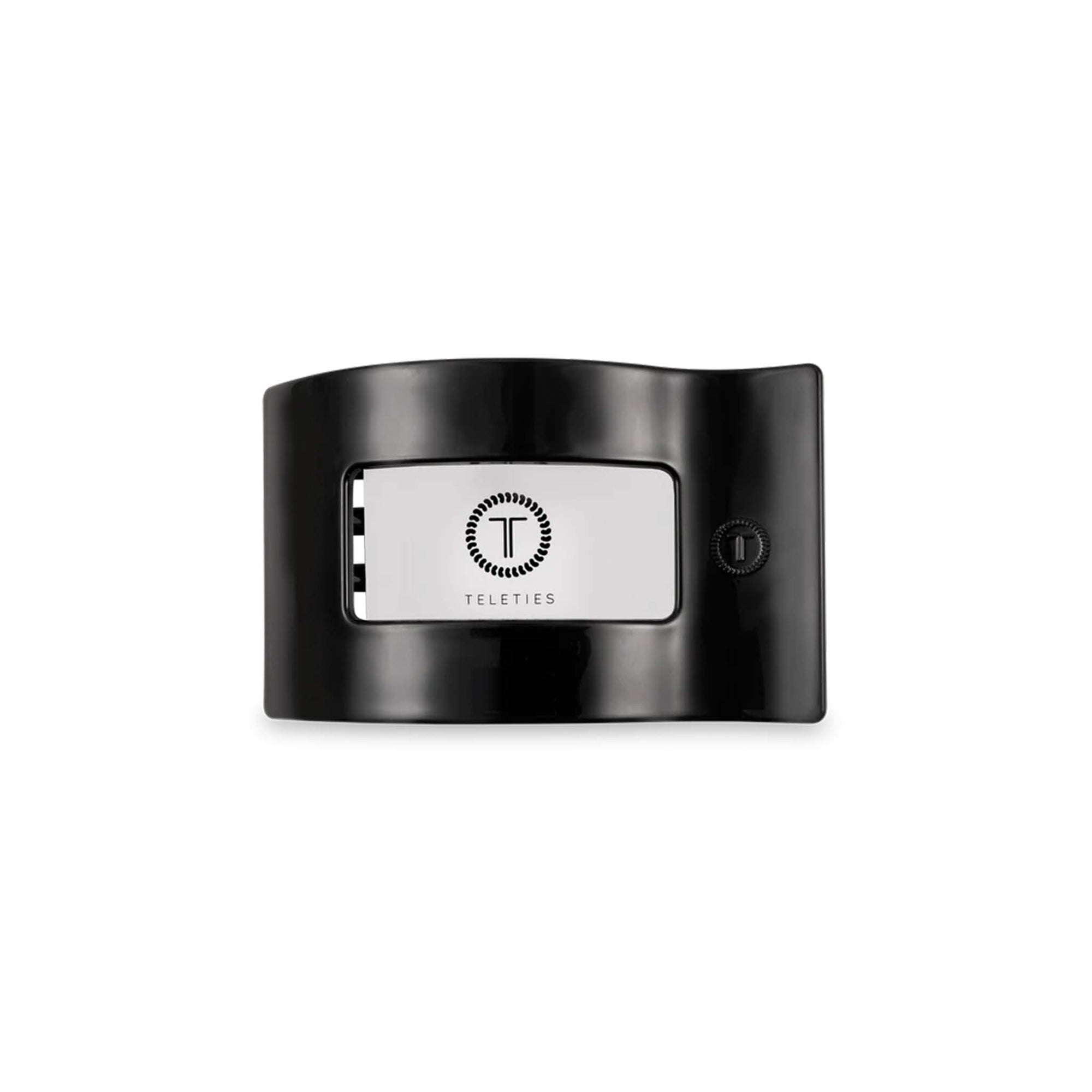 Medium Flat Rectangle Hair Clip in Jet Black with Teleties branding insert.