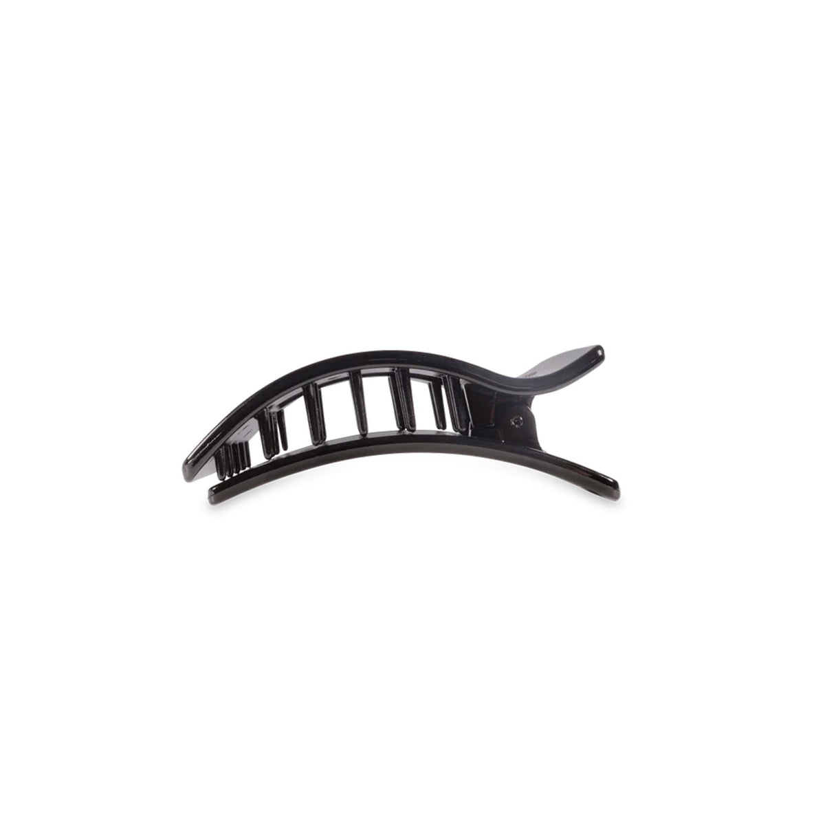 Side view of Medium Flat Rectangle Hair Clip in Jet Black showing curved grip.
