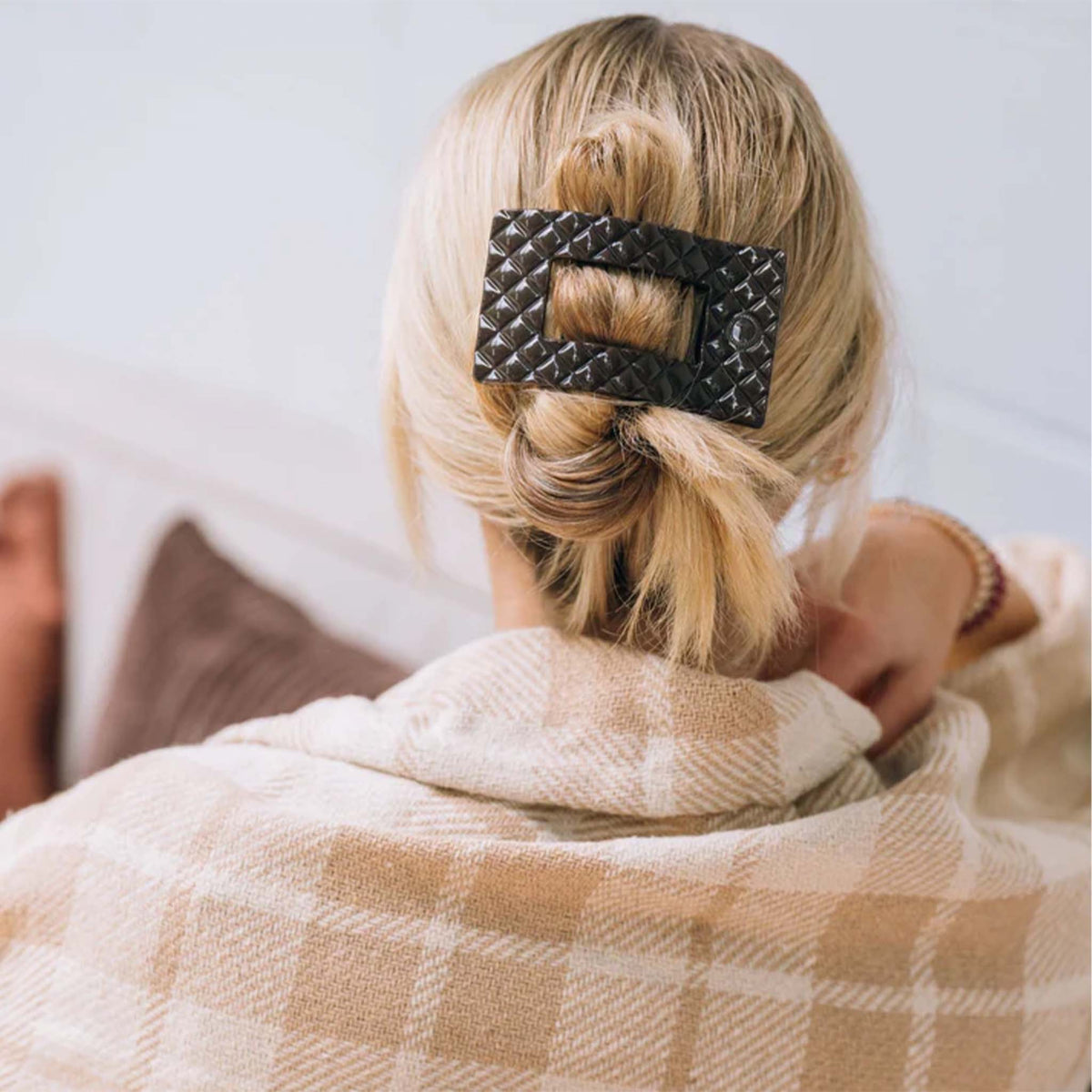 Medium Flat Rectangle Hair Clip in Truly Taupe shown styled in blonde hair.