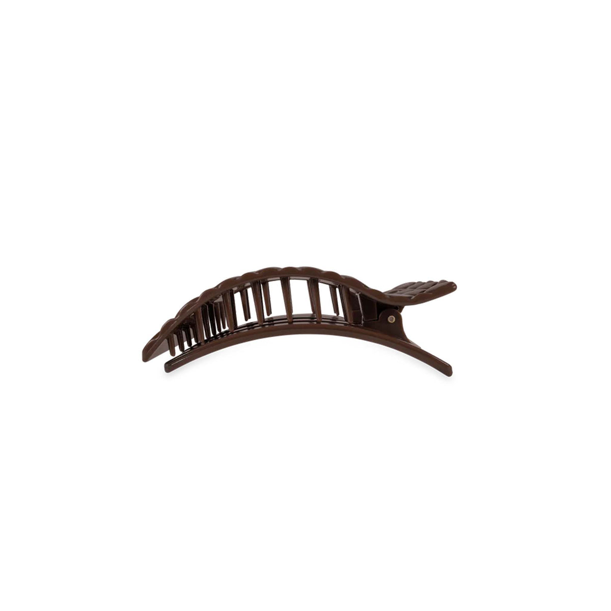 Side view of Medium Flat Rectangle Hair Clip in Truly Taupe showing curved grip design.