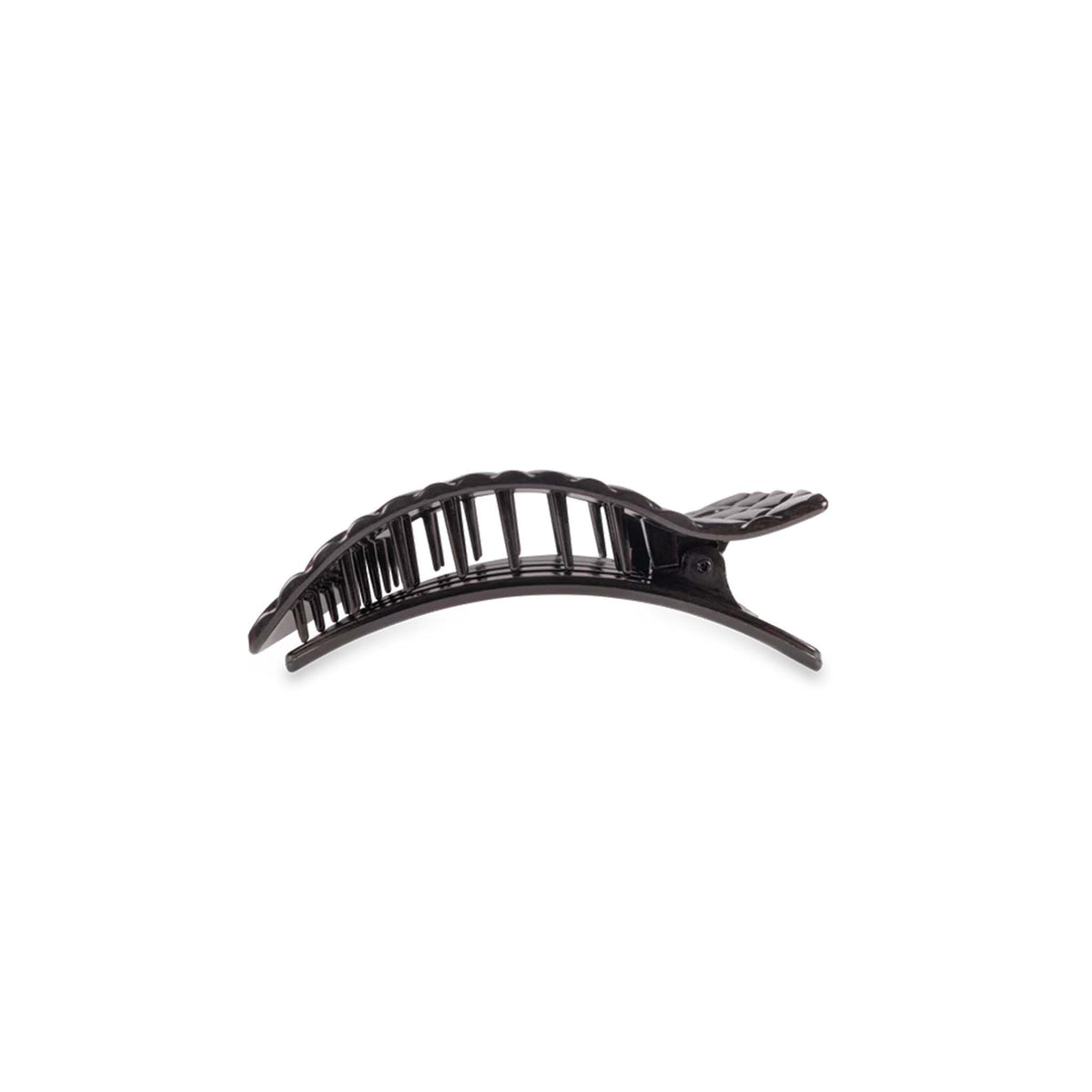 Side view of Medium Flat Rectangle Hair Clip in Jet Black showing curved grip design.