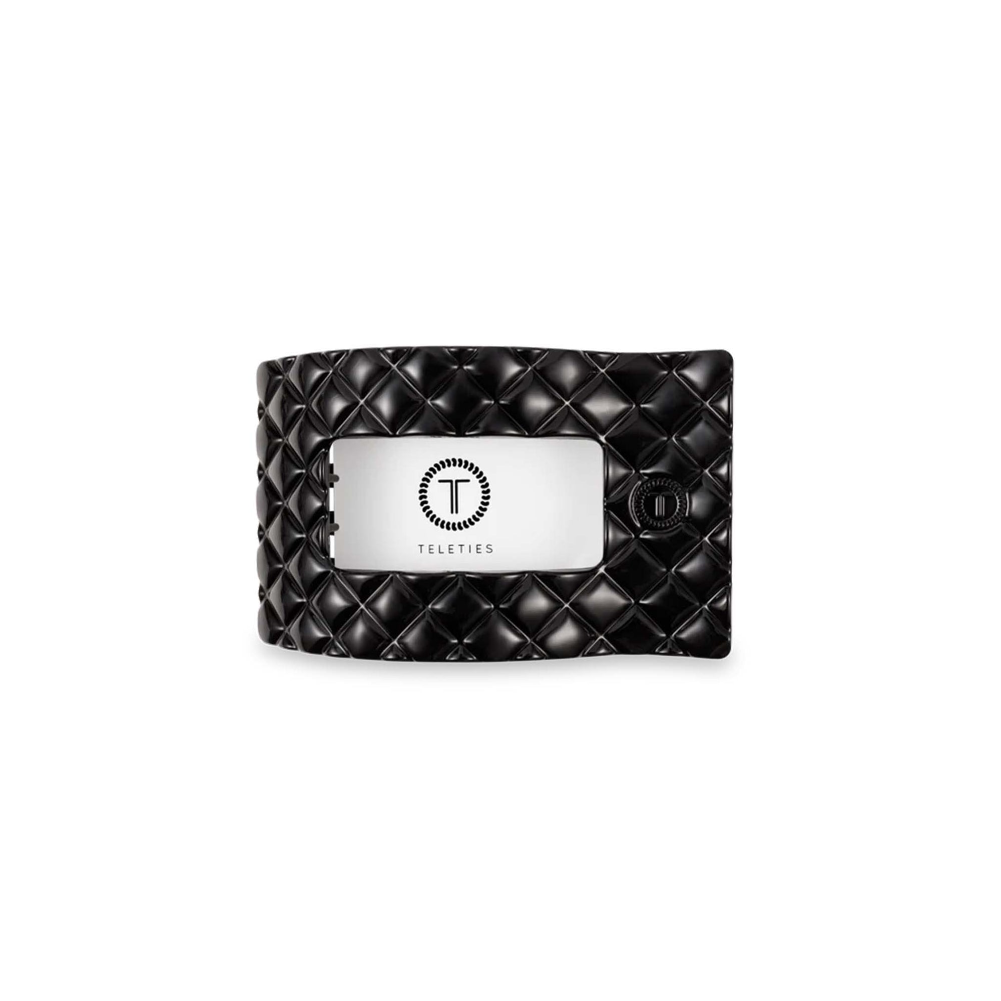Medium Flat Rectangle Hair Clip in Jet Black with logo card packaging.
