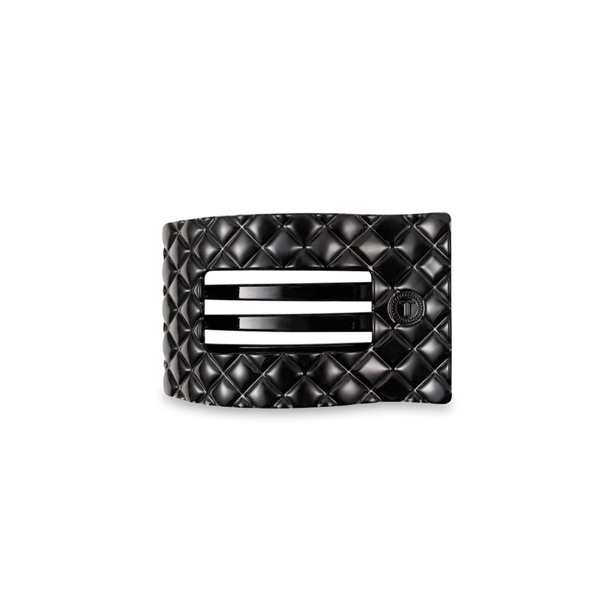 Medium Flat Rectangle Hair Clip in Jet Black with quilted design, front view.
