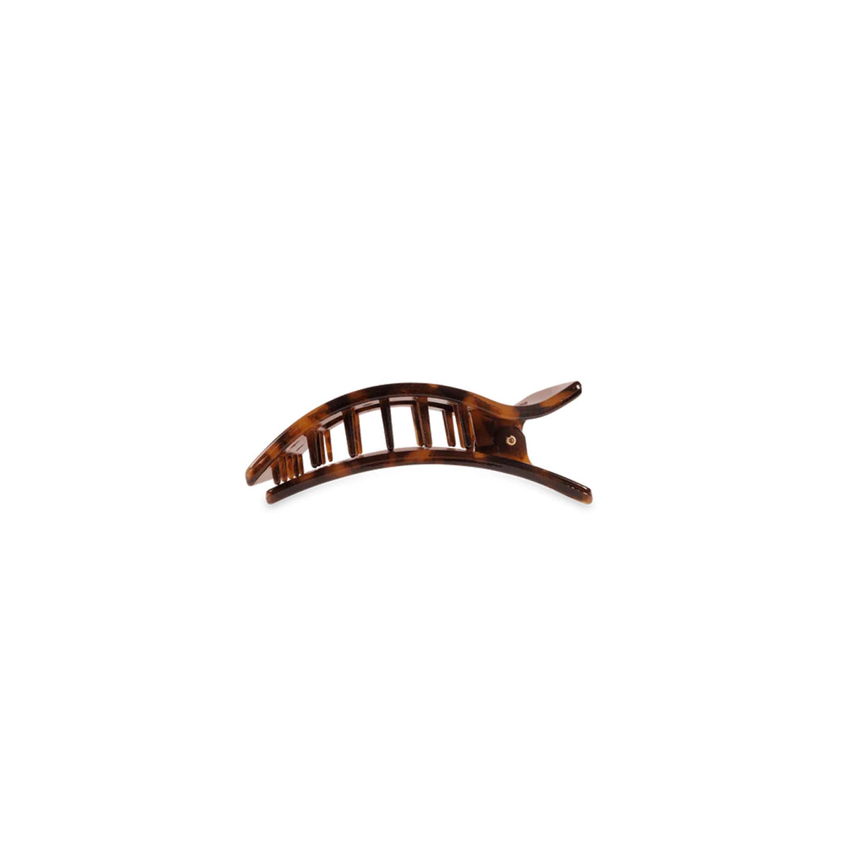 Side view of Small Flat Rectangle Hair Clip in Tortoise with curved shape and inner grip teeth.