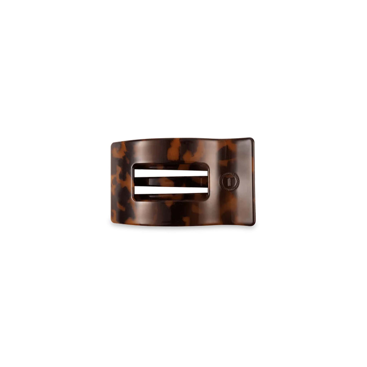 Small Flat Rectangle Hair Clip in Tortoise with cutout center and tortoise shell finish on white background.