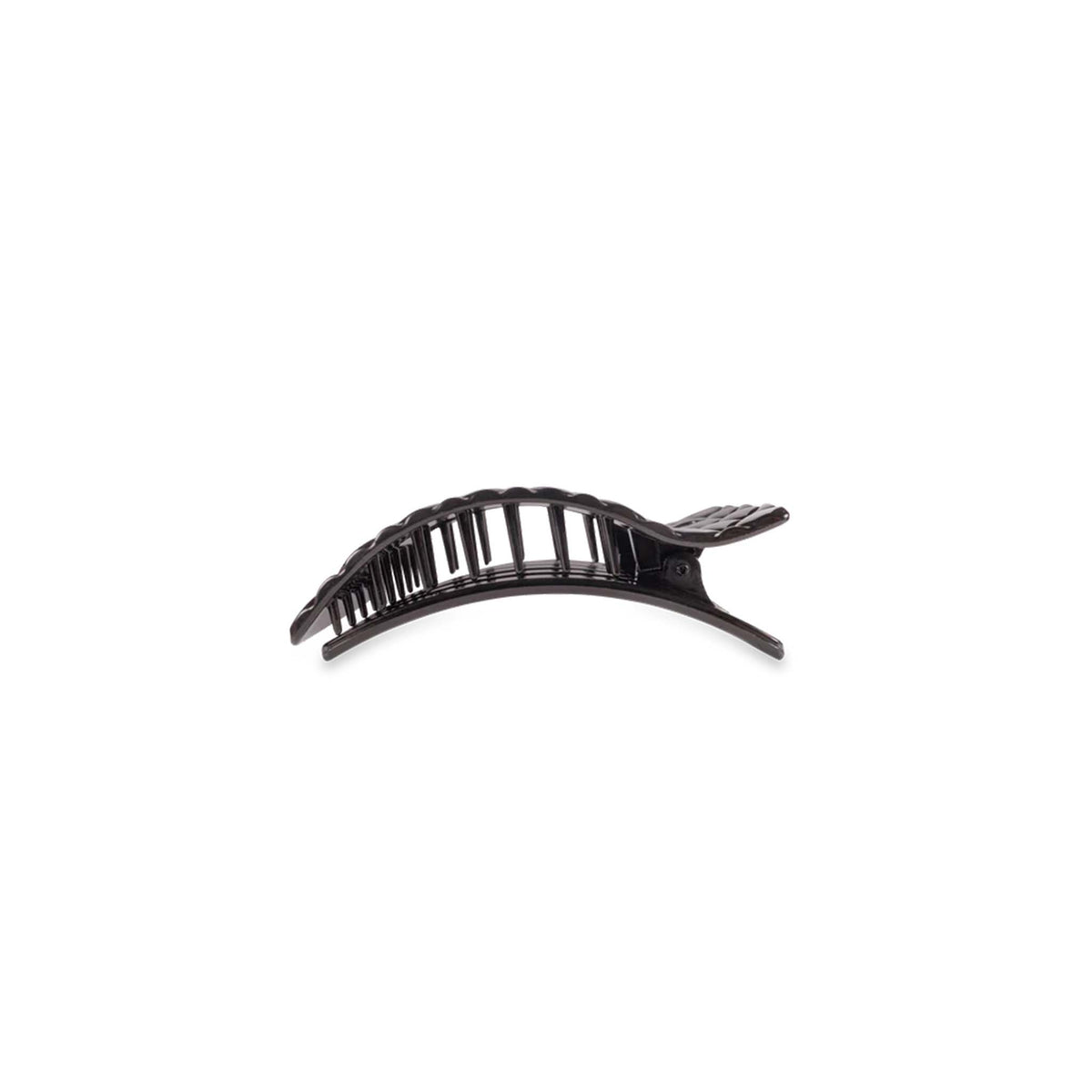 Side view of Small Flat Rectangle Hair Clip in Jet Black with curved shape and inner grip teeth.