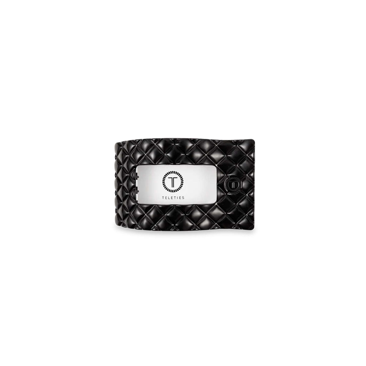 Small Flat Rectangle Hair Clip in Jet Black displayed front-facing on white background with packaging insert.