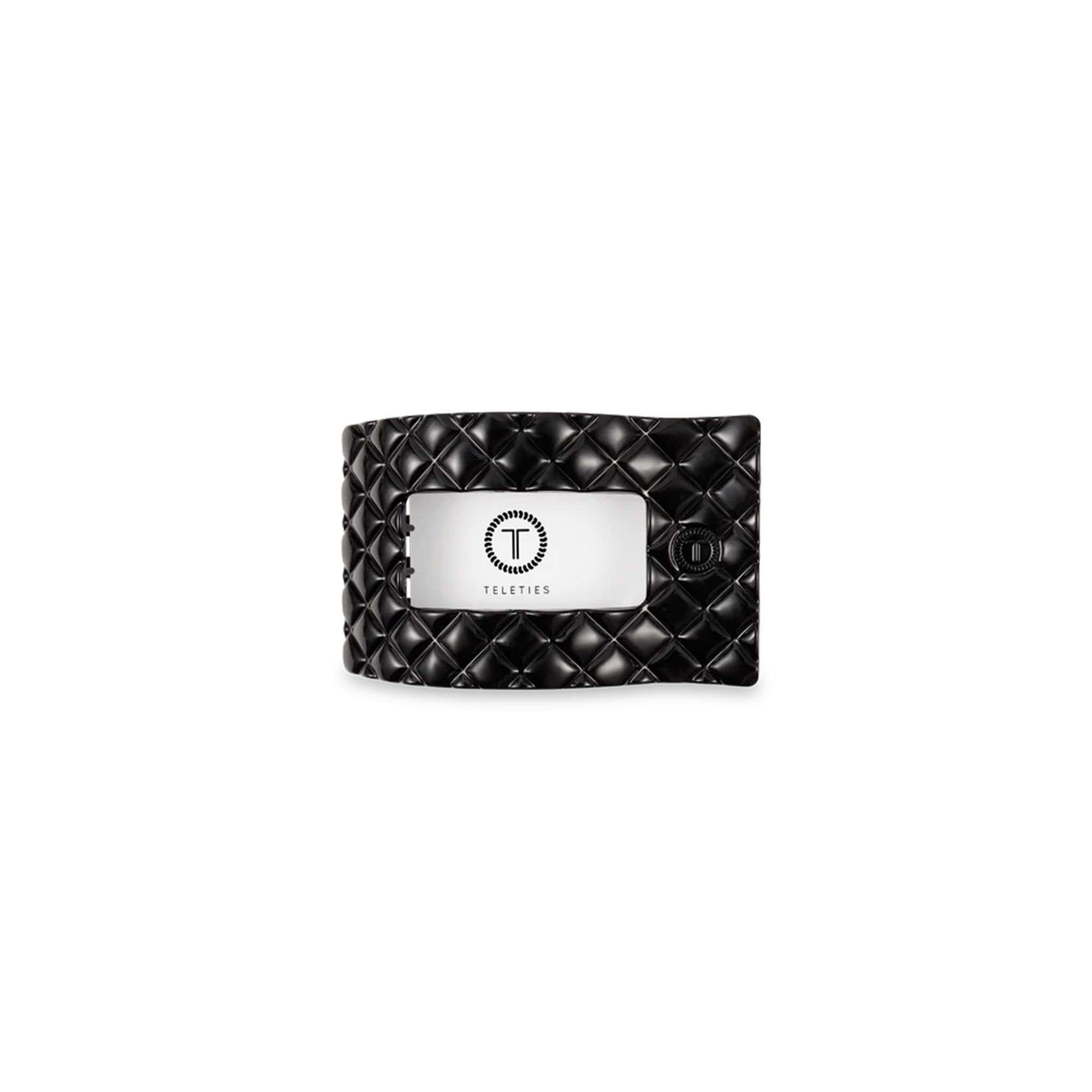 Small Flat Rectangle Hair Clip in Jet Black displayed front-facing on white background with packaging insert.