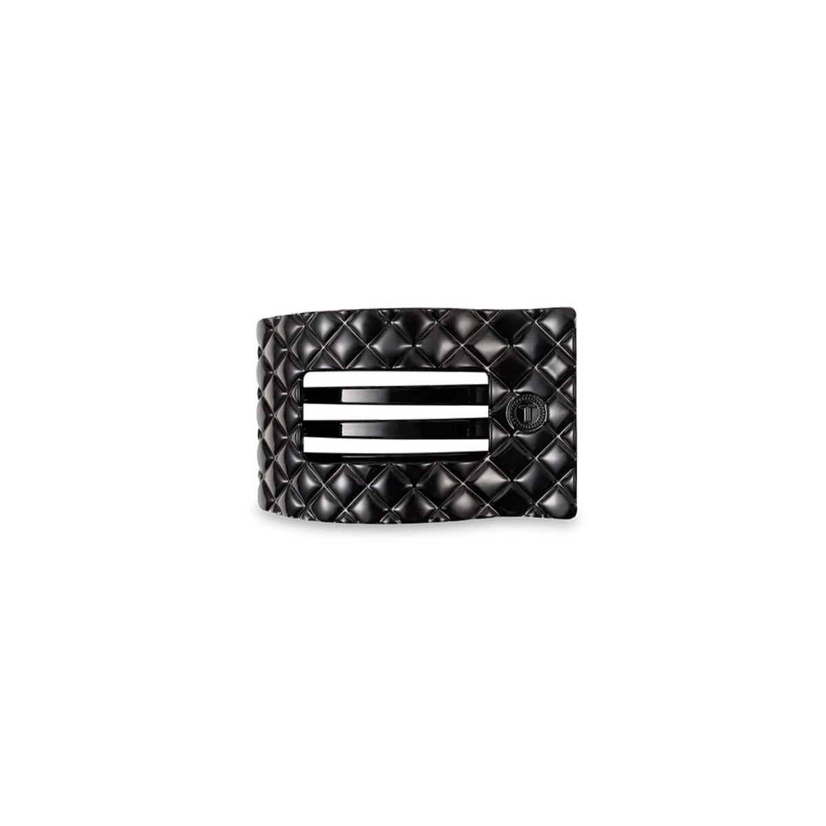 Small Flat Rectangle Hair Clip in Jet Black shown on white background with cutout rectangular center and tortoise shell finish.