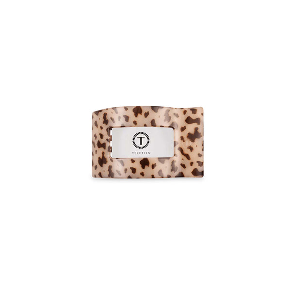 Small Flat Rectangle Hair Clip in Blonde Tortoise shown with Teleties branded packaging insert.