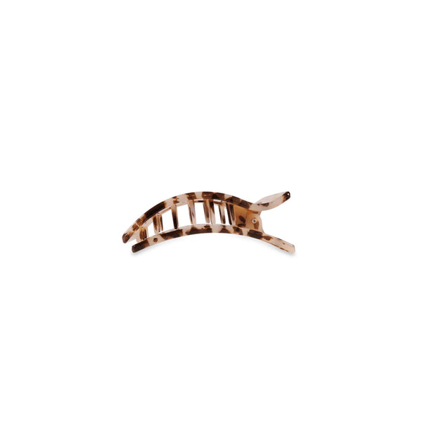 Side view of Small Flat Rectangle Hair Clip in Blonde Tortoise with curved shape and grip teeth.
